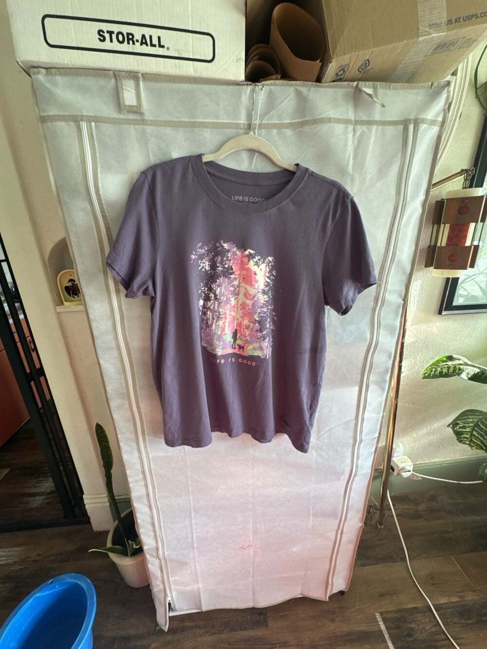 Size L Life is Good Women's Crusher Tee Hiker with Sunbeams in the Woods Purple